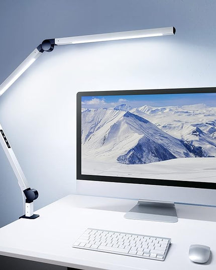 MediAcous LED Desk Lamp with Clamp, Dual Light Desk Lamp with Swing Arm, Dimmable 4 Color Modes & 4 Brightness Table Lamp, Eye-Caring Clip-on Lamp with Memory Function for Home Office, White - LeafyLoom