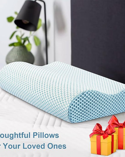 Anvo Memory Foam Pillow, Neck Contour Cervical Orthopedic Pillow for Sleeping Side Back Stomach Sleeper, Ergonomic Bed Pillow for Neck Pain - Blue White, Soft - LeafyLoom