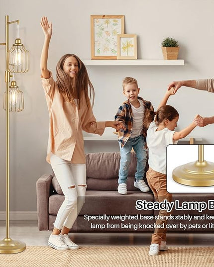 Dimmable Industrial Floor Lamp with 3 LED Edsion Bulbs, Farmhouse Tall Standing Lamp for Living Room, Modern Gold Tree Floor Lamp, Bright Vintage Pole Light with Cage Shades for Bedroom Home Decor - LeafyLoom