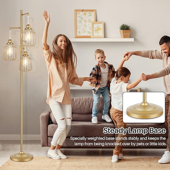 Dimmable Industrial Floor Lamp with 3 LED Edsion Bulbs, Farmhouse Tall Standing Lamp for Living Room, Modern Gold Tree Floor Lamp, Bright Vintage Pole Light with Cage Shades for Bedroom Home Decor - LeafyLoom