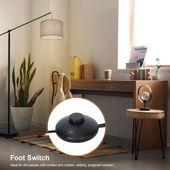 SURAIELEC Arc Floor Lamp, Overhang Cantilever Standing Floor Lamp for Couch, Sofa, Reading, Living Room, Bedroom, Adjustable Balance Arm, Natural Linen Drum Shade, Matt Black Metal Pole, Foot Switch - LeafyLoom
