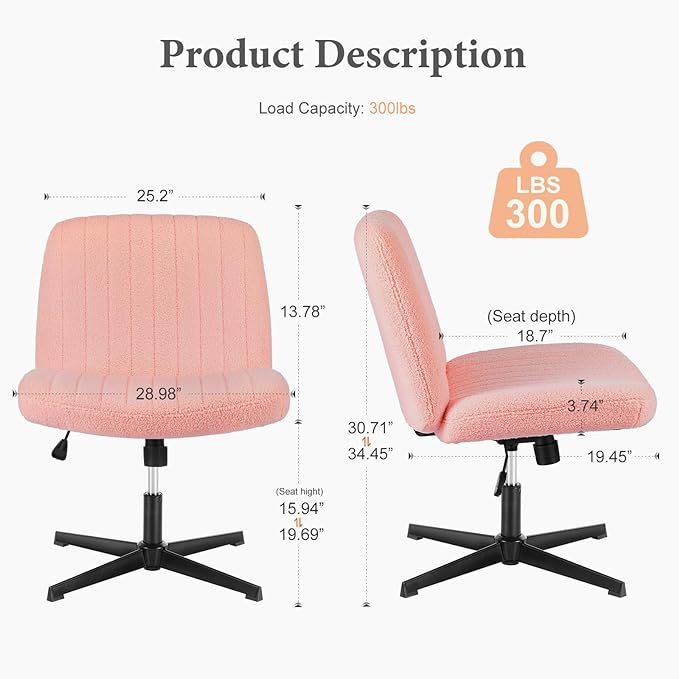 Sweetcrispy Criss Cross Chair Legged, Armless Office Desk Chair No Wheels, Swivel Vanity Chair, Height Adjustable Wide Seat Computer Task Chair, Fabric Vanity Modern Home Chair Pink - LeafyLoom