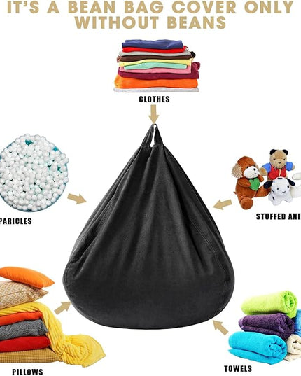 2 Pcs Bean Bag Cover Stuffed Animal Storage Bean Bag Chair Cover Soft Corduroy Stuffed Animal Bean Bag Storage for Kids Adults Indoor Bedroom Organizing Plush Toys(Black, 200L) - LeafyLoom