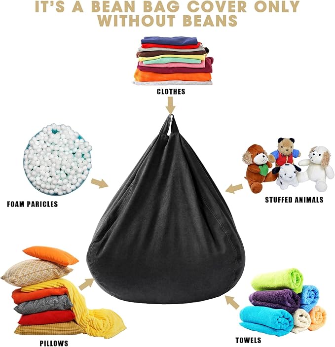 2 Pcs Bean Bag Cover Stuffed Animal Storage Bean Bag Chair Cover Soft Corduroy Stuffed Animal Bean Bag Storage for Kids Adults Indoor Bedroom Organizing Plush Toys(Black, 200L) - LeafyLoom