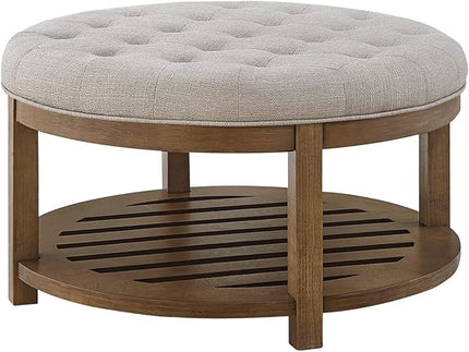 24KF Large Round Upholstered Tufted Linen Ottoman Coffee Table, Large Footrest Ottoman with Wood Shelf Storage-Iinen - LeafyLoom