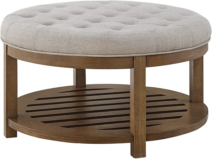 24KF Large Round Upholstered Tufted Linen Ottoman Coffee Table, Large Footrest Ottoman with Wood Shelf Storage-Iinen - LeafyLoom