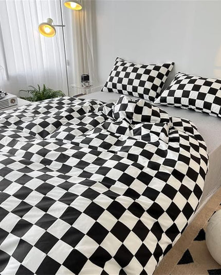 Wellboo Black White Plaid Comforter Sets King Women Men Black and White Checkerboard Grid Bedding Comforters Cotton Boys Girls Modern Black Checkered Geometric Quilts Luxury Abstract White Bedding - LeafyLoom