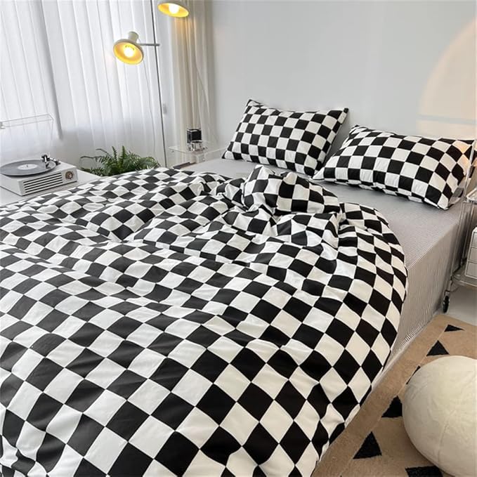 Wellboo Black White Plaid Comforter Sets King Women Men Black and White Checkerboard Grid Bedding Comforters Cotton Boys Girls Modern Black Checkered Geometric Quilts Luxury Abstract White Bedding - LeafyLoom