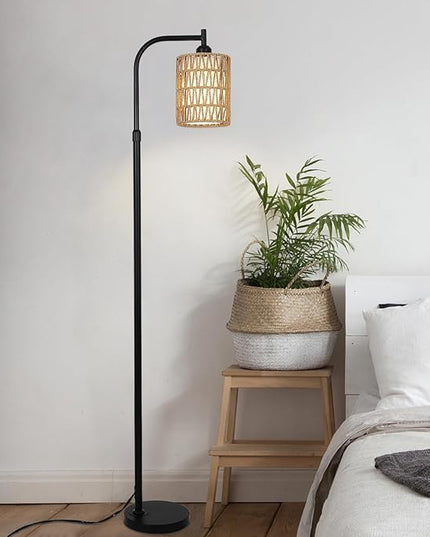 Floor Lamps for Living Room Bright Lighting, Boho Rattan Floor Lamp, Modern Farmhouse Standing Lamp with 2-in-1 Rattan Shades, Minimalist Industrial Tall Pole Lamp for Bedroom Office, Black - LeafyLoom