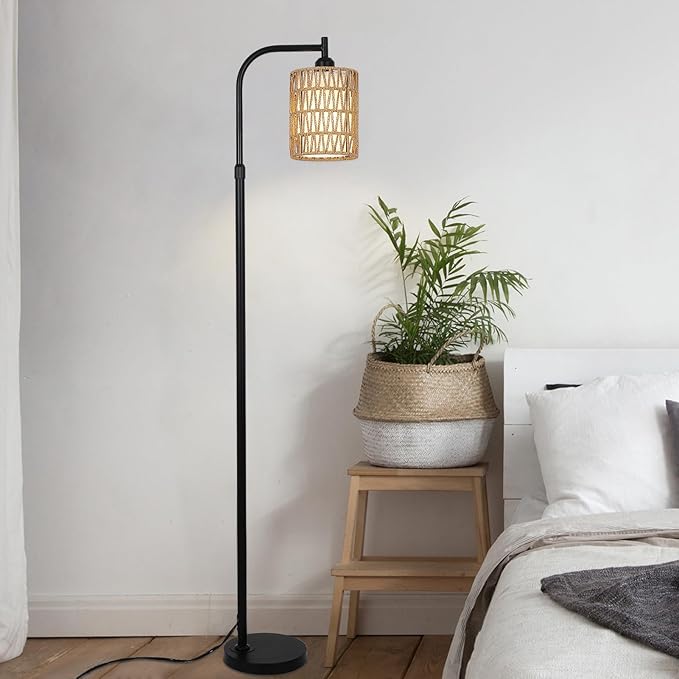 Floor Lamps for Living Room Bright Lighting, Boho Rattan Floor Lamp, Modern Farmhouse Standing Lamp with 2-in-1 Rattan Shades, Minimalist Industrial Tall Pole Lamp for Bedroom Office, Black - LeafyLoom