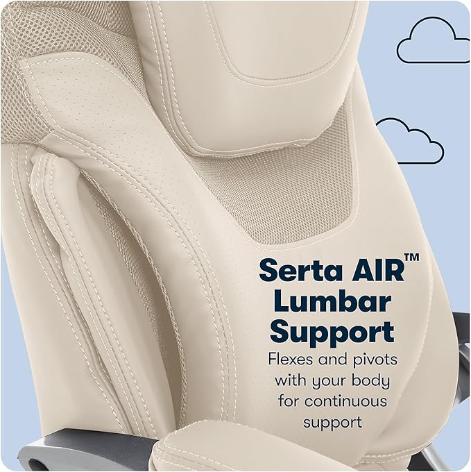 Serta Bryce Executive Office Chair, Ergonomic Computer DeskChair with Patented AIR Lumbar Technology, Comfortable Layered Body Pillows for Cushioning, SertaQuality Foam, Bonded Leather, Cream White - LeafyLoom