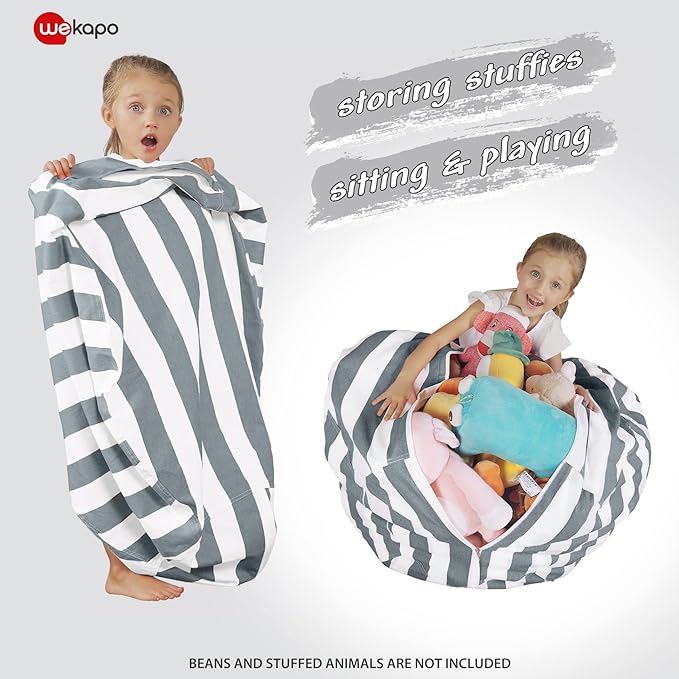 Wekapo Stuffed Animal Storage Bean Bag Chair Cover for Kids | Stuffable Zipper Beanbag for Organizing Children Plush Toys Large Premium Cotton Canvas (Gray, XX-Large) - LeafyLoom