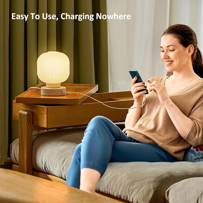 Touch Bedside Table Lamp - Small Table Lamps,3 Way Dimmable with USB C+A Charging Ports - Bedroom Nightstand & Living Room Essential, 6W Bulb Included - LeafyLoom