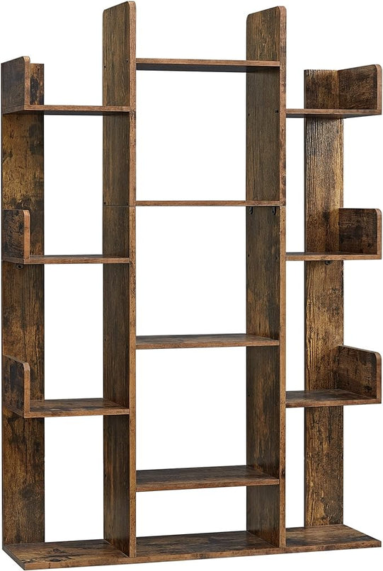 VASAGLE Bookshelf, Tree-Shaped Bookcase with 13 Storage Shelves, Rounded Corners, 9.8”D x 33.9”W x 55.1”H, Rustic Brown ULBC67BXV1 - LeafyLoom