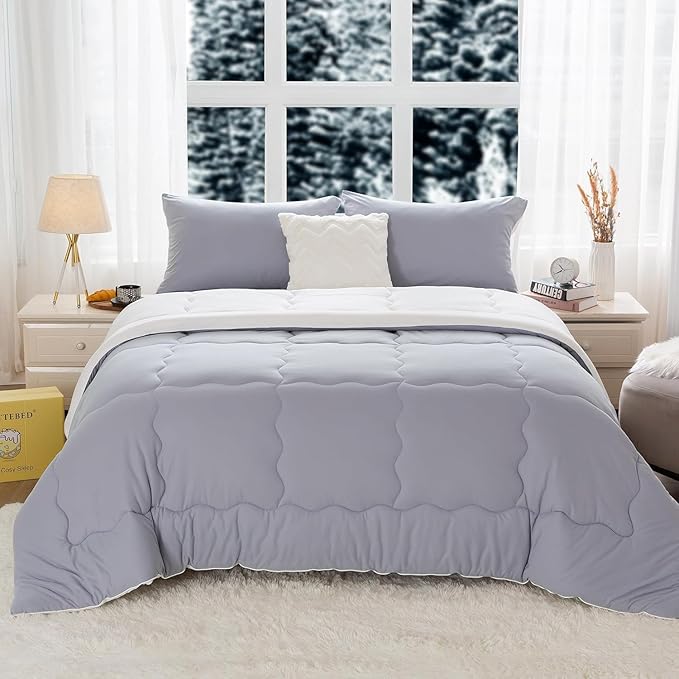 COTTEBED Ultra-Soft Reversible Warm Comforter Set Twin Sized, Winter Milk Cup Grey White Breathable Bedding Down Alternative Comforter for Boy Kids Girl School College Dorm Christmas, Twin/TwinXL - LeafyLoom