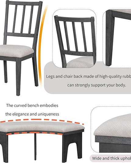 Retro 5 Piece Set with 44" Round Table with 1 Curved Bench & 3 Chairs, Rubber Wood, Easy Assembly and Clean, for Dining Room, Kitchen, Small Spcae, Grey 33 - LeafyLoom