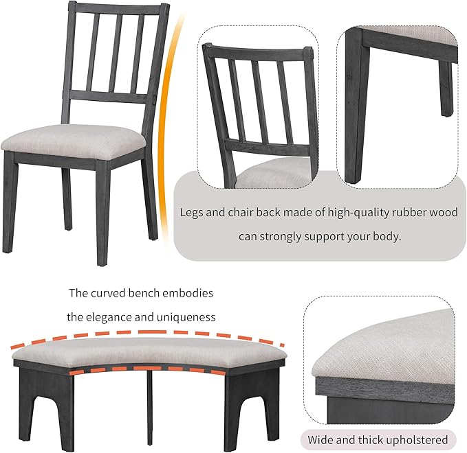 Retro 5 Piece Set with 44" Round Table with 1 Curved Bench & 3 Chairs, Rubber Wood, Easy Assembly and Clean, for Dining Room, Kitchen, Small Spcae, Grey 33 - LeafyLoom