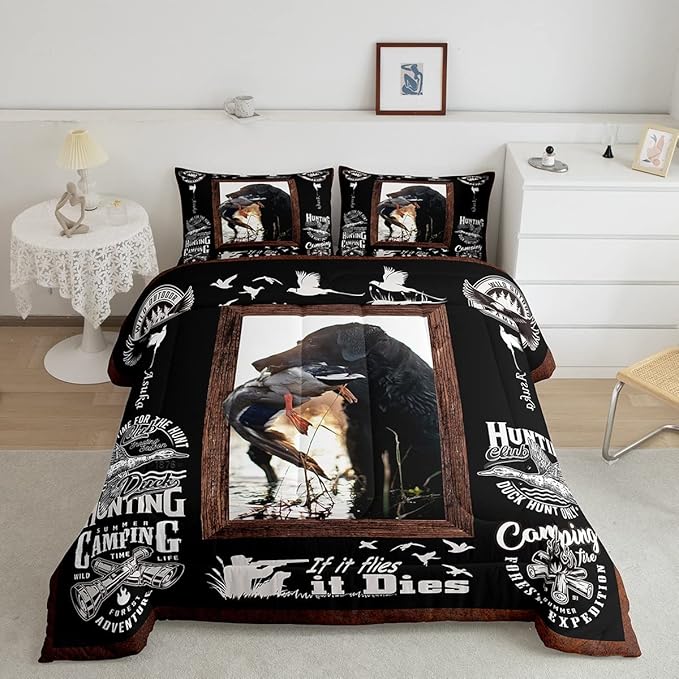 Feelyou Duck Hunting Comforter Hunting and Fishing Bedding Set for Kids Boys Girls Dog Hunter Comforter Set Wild Animal Inner Fill Duvet Set 1 Comforter Set with 2 Pillowcases King Size - LeafyLoom