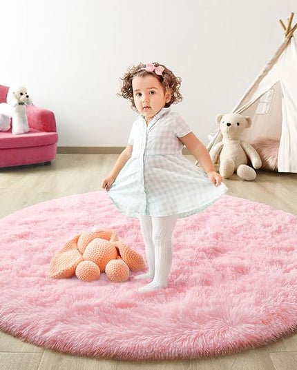 Pink Round Rug for Bedroom, Super Fluffy Circle Rugs for Baby Nursery, 5'X5' Feet Furry Carpet for Children Kids Room, Cute Soft Shaggy Rug for Girls Home Decor, Fuzzy Plush Carpets for Dorm - LeafyLoom
