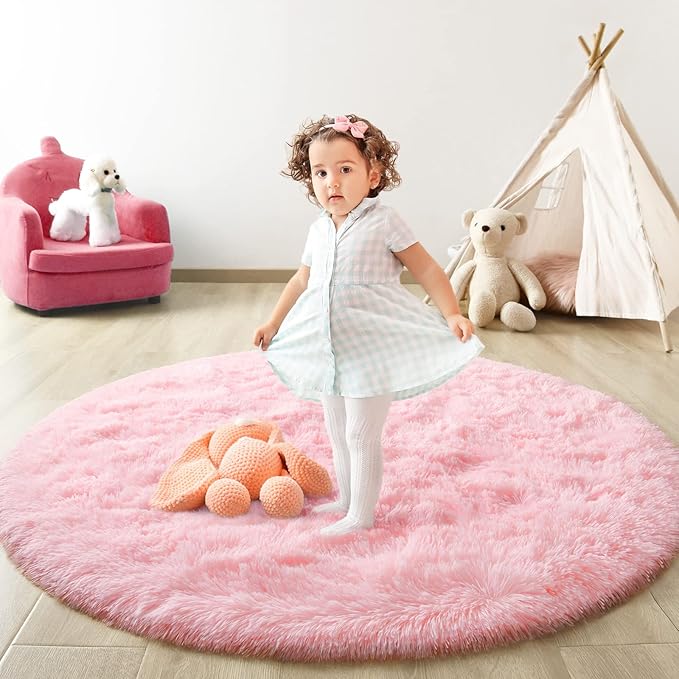 Pink Round Rug for Bedroom, Super Fluffy Circle Rugs for Baby Nursery, 5'X5' Feet Furry Carpet for Children Kids Room, Cute Soft Shaggy Rug for Girls Home Decor, Fuzzy Plush Carpets for Dorm - LeafyLoom