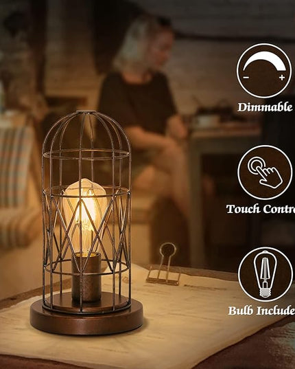 Small Touch Lamp, Industiral Table Lamp with Antique Bronze Cage, 3 Way Dimmable Bedside Lamp Vintage Nightstand Lamp Steampunk Edison Lamp for Bedroom Living Room Kitchen, LED Bulb Included - LeafyLoom