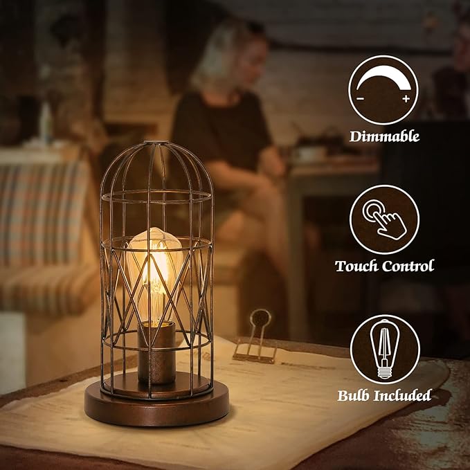 Small Touch Lamp, Industiral Table Lamp with Antique Bronze Cage, 3 Way Dimmable Bedside Lamp Vintage Nightstand Lamp Steampunk Edison Lamp for Bedroom Living Room Kitchen, LED Bulb Included - LeafyLoom