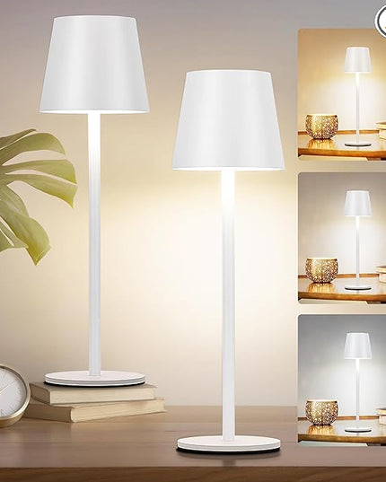 2Pack Cordless Table Lamp, 5200mAh IP54 Waterproof Rechargeable Battery Desk Lamp, 3 Color Stepless Dimming Up, Battery Operated Lamp for Kitchen/Bedside/Outdoor/Restaurant/Camping (White) - LeafyLoom