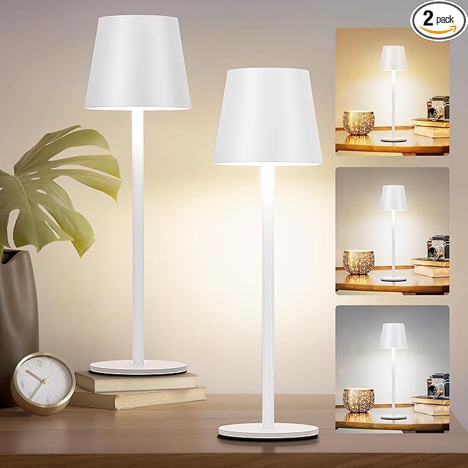 2Pack Cordless Table Lamp, 5200mAh IP54 Waterproof Rechargeable Battery Desk Lamp, 3 Color Stepless Dimming Up, Battery Operated Lamp for Kitchen/Bedside/Outdoor/Restaurant/Camping (White) - LeafyLoom