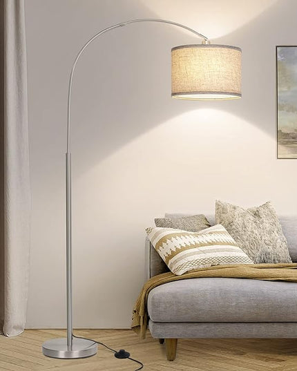 Arc Floor Lamp, Modern Floor Lamp for Living Room with Adjustable Head, Tall Pole Lamp with On/Off Pedal Switch, Over Couch Arched Tall Standing Light for Reading, Bedroom, Office (Silver) - LeafyLoom