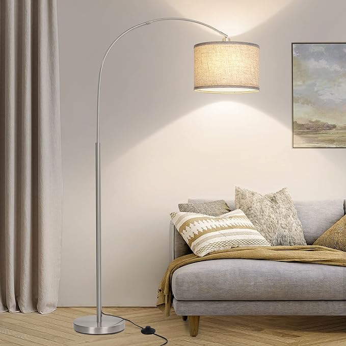 Arc Floor Lamp, Modern Floor Lamp for Living Room with Adjustable Head, Tall Pole Lamp with On/Off Pedal Switch, Over Couch Arched Tall Standing Light for Reading, Bedroom, Office (Silver) - LeafyLoom