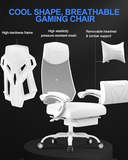 GTRACING Gaming Chair, Computer Chair with Mesh Back, Ergonomic Gaming Chair with Footrest, Reclining Gamer Chair with Adjustable Headrest and Lumbar Support for Gaming and Office (White) - LeafyLoom