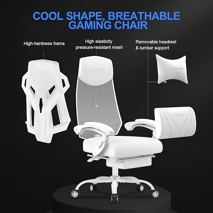 GTRACING Gaming Chair, Computer Chair with Mesh Back, Ergonomic Gaming Chair with Footrest, Reclining Gamer Chair with Adjustable Headrest and Lumbar Support for Gaming and Office (White) - LeafyLoom