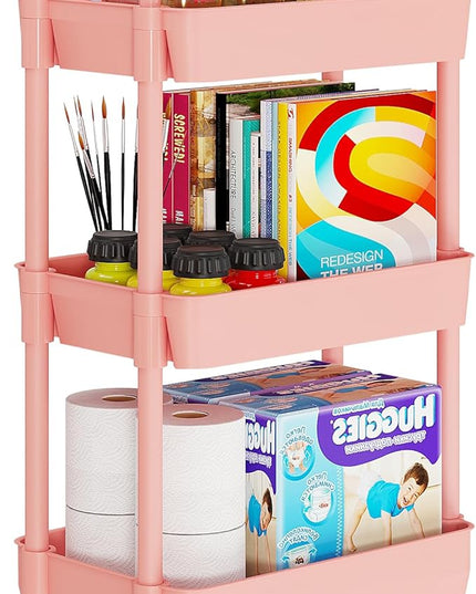 3-Tier Storage Cart,Multifunction Utility Rolling Cart Kitchen Storage Organizer,Mobile Shelving Unit Cart with Lockable Wheels for Bathroom,Laundry,with Classified Stickers,Pink - LeafyLoom