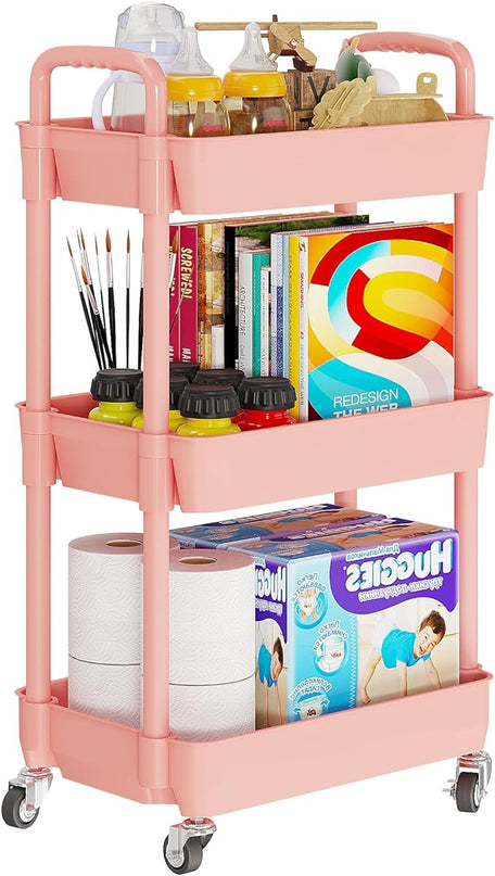 3-Tier Storage Cart,Multifunction Utility Rolling Cart Kitchen Storage Organizer,Mobile Shelving Unit Cart with Lockable Wheels for Bathroom,Laundry,with Classified Stickers,Pink - LeafyLoom