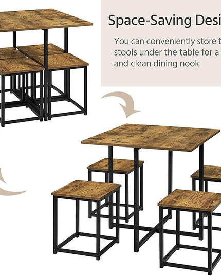 Yaheetech 5 Piece Dining Table & Chair Set - Compact Dining Table Sets Small Kitchen Table with 4 Stools for Dining Room Small Space -Rustic Brown - LeafyLoom