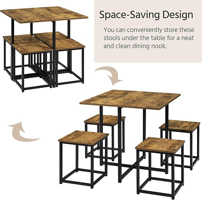 Yaheetech 5 Piece Dining Table & Chair Set - Compact Dining Table Sets Small Kitchen Table with 4 Stools for Dining Room Small Space -Rustic Brown - LeafyLoom