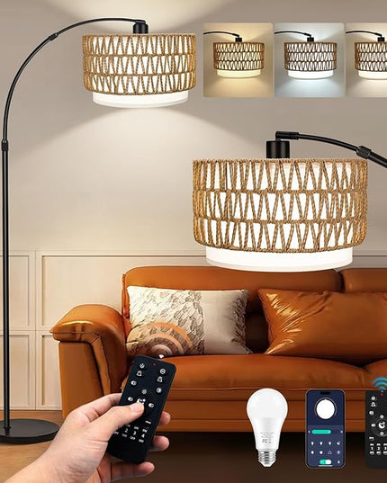 Arc Floor Lamp for Living Room with 3 Color Temperatures, Farmhouse Standing Lamps with Remote & Dimmable Bulb, Rattan Boho Floor Lamp with Fabric Shades, Adjustable Tall Lamp for Bedroom Office - LeafyLoom