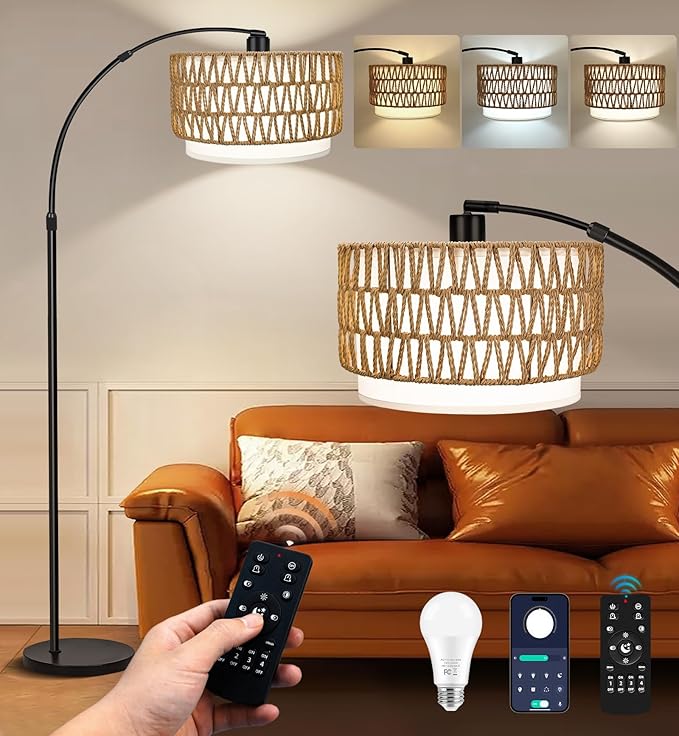Arc Floor Lamp for Living Room with 3 Color Temperatures, Farmhouse Standing Lamps with Remote & Dimmable Bulb, Rattan Boho Floor Lamp with Fabric Shades, Adjustable Tall Lamp for Bedroom Office - LeafyLoom