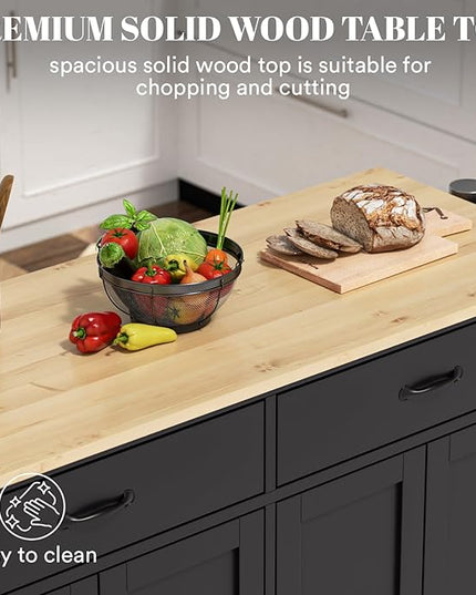 Rolling Kitchen Island with Storage Portable Kitchen Island On Wheels Black Large 54in Width Island with Storage Drawers Cabinet Spice Rack Towel Rack for Kitchen Dining Room - LeafyLoom