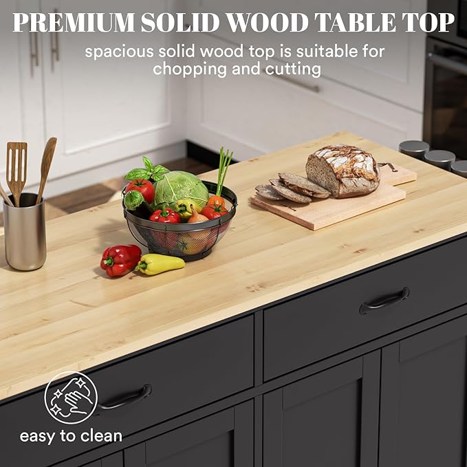Rolling Kitchen Island with Storage Portable Kitchen Island On Wheels Black Large 54in Width Island with Storage Drawers Cabinet Spice Rack Towel Rack for Kitchen Dining Room - LeafyLoom