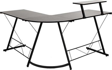Flash Furniture Ginny Corner Desk - Black/Black Space Saving L-Shaped Gaming Desk with Monitor Shelf - 71.5" 2-Tier Computer Desk, Home Office Desk, Easy Assembly - LeafyLoom