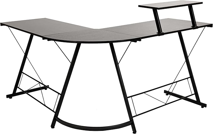 Flash Furniture Ginny Corner Desk - Black/Black Space Saving L-Shaped Gaming Desk with Monitor Shelf - 71.5" 2-Tier Computer Desk, Home Office Desk, Easy Assembly - LeafyLoom