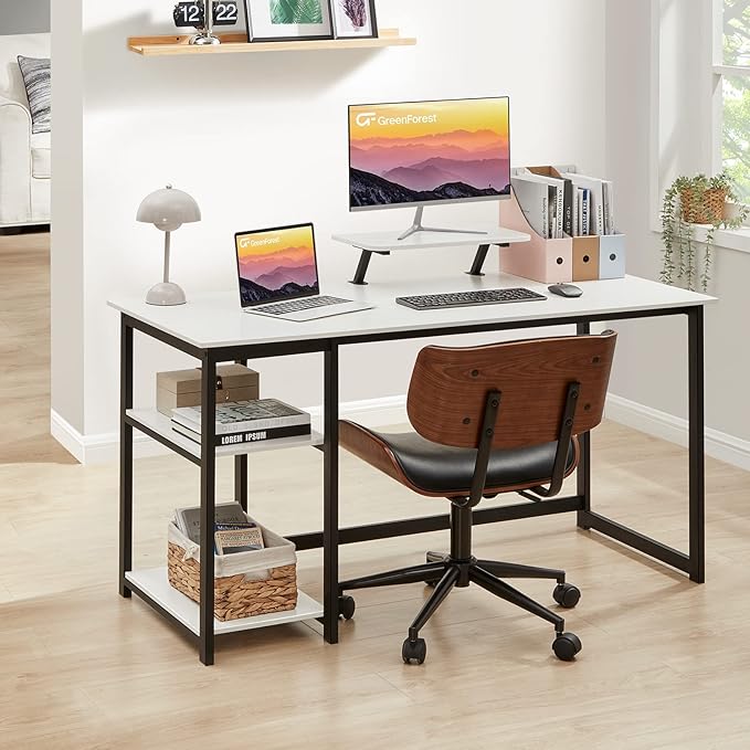 GreenForest Computer Desk with Monitor Stand,47 inch Home Office Desk with Reversible Storage Shelves,Modern Writing Desk Study PC Laptop Work Table,White - LeafyLoom