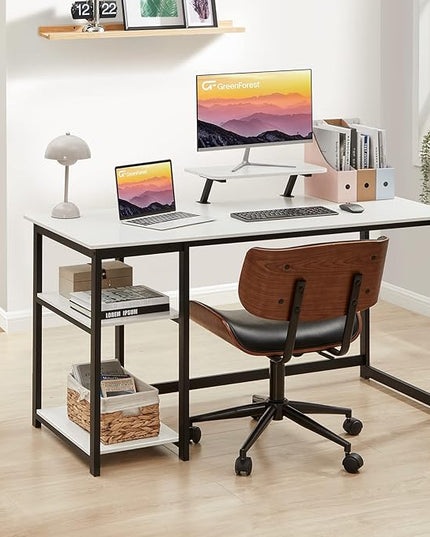 GreenForest Computer Home Office Desk with Monitor Stand and Reversible Storage Shelves,55 inch Modern Simple Writing Study PC Work Table,White - LeafyLoom