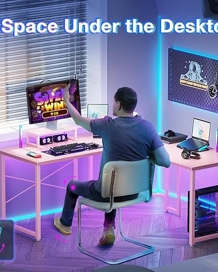 Casaottima L Shaped Gaming Desk with Monitor Stand, Corner Desk Gaming Table for Home Office, Computer Desk Sturdy Writing Workstation for Small Space, 51 inch, Carbon Fiber Surface, Pink - LeafyLoom