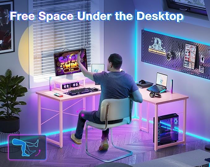 Casaottima L Shaped Gaming Desk with Monitor Stand, Corner Desk Gaming Table for Home Office, Computer Desk Sturdy Writing Workstation for Small Space, 51 inch, Carbon Fiber Surface, Pink - LeafyLoom