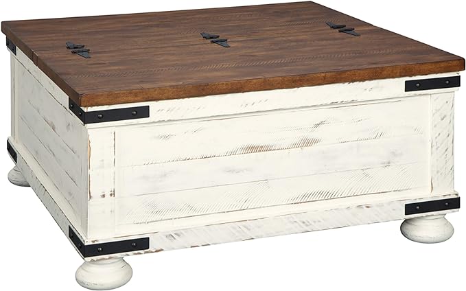 Signature Design by Ashley Wystfield Farmhouse Square Storage Coffee Table with Hinged Lift Top, Distressed White and End Table with Storage, Distressed White & Brown Finish - LeafyLoom