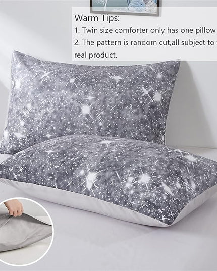 Grey Glitter Comforter Set Twin Size for Boys Teen, Sparkle Galaxy Twinkle Starlight Comforter for Kids Adult, 2 Piece Black Grey Ombre Bedding Set with 1 Pillow Case(Grey,Twin) - LeafyLoom