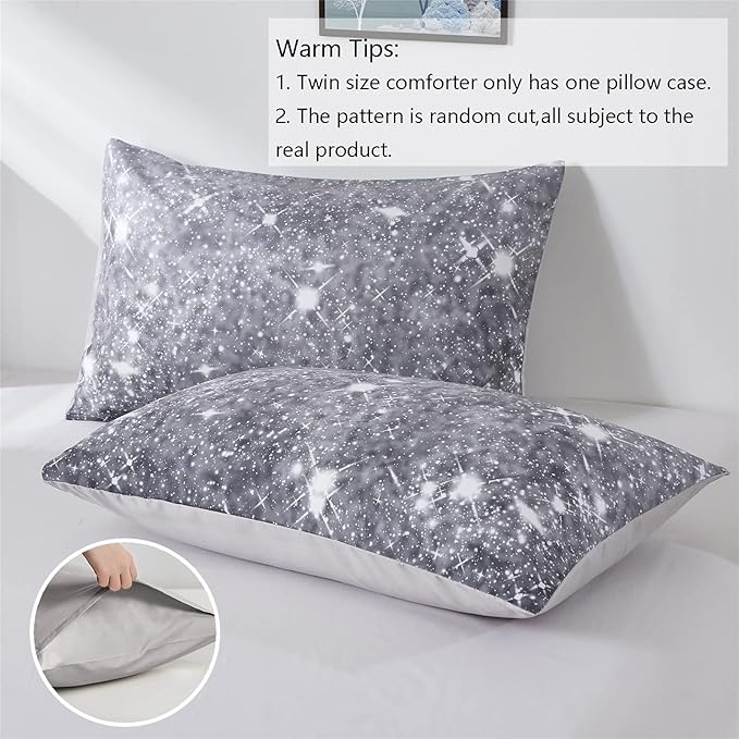 Grey Glitter Comforter Set Twin Size for Boys Teen, Sparkle Galaxy Twinkle Starlight Comforter for Kids Adult, 2 Piece Black Grey Ombre Bedding Set with 1 Pillow Case(Grey,Twin) - LeafyLoom