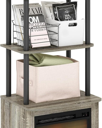 Furinno Turn-N-Tube 2-Tier Tall TV Entertainment Side Table Display Rack with Fireplace Insert, French Oak Grey/Black - LeafyLoom